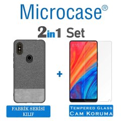 Microcase Xiaomi Mi Mix 2S Fabrik Serisi Kumaş ve Deri Desen Kılıf - Gri + Tempered Glass Cam Koruma