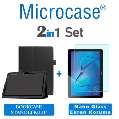 Microcase Huawei Mediapad T3 10 9.6 inch Book Case Standlı Deri Kılıf - Siyah + Nano Esnek Ekran Koruma Filmi