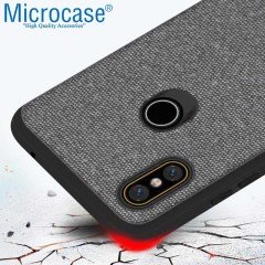 Microcase Xiaomi Mi A2 - Mi 6X Fabrik Serisi Kumaş ve Deri Desen Kılıf - Gri