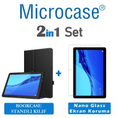 Microcase Huawei Mediapad T5 10.1 inch Book Case Standlı Deri Kılıf - Siyah + Nano Esnek Ekran Koruma Filmi
