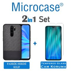 Microcase Xiaomi Redmi Note 8 Pro Fabrik Serisi Kumaş ve Deri Desen Kılıf - Siyah + Tempered Glass Cam Koruma