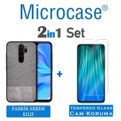 Microcase Xiaomi Redmi Note 8 Pro Fabrik Serisi Kumaş ve Deri Desen Kılıf - Gri + Tempered Glass Cam Koruma