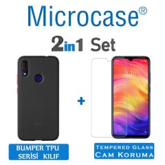 Microcase Xiaomi Redmi Note 7 - Redmi Note 7 Pro Bumper Tpu Serisi Sert Kılıf - Siyah + Tempered Glass Cam Koruma
