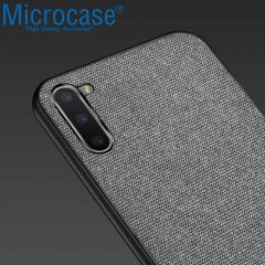 Microcase Samsung Galaxy Note 10 Fabrik Serisi Kumaş ve Deri Desen Kılıf - Gri