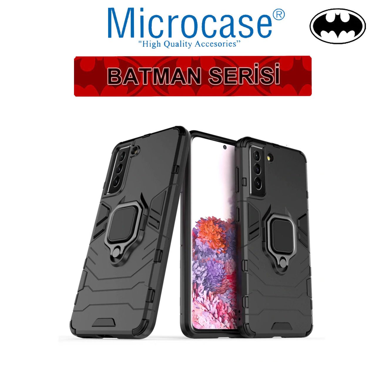 Microcase Samsung Galaxy S21 Batman Serisi Yüzük Standlı Armor Kılıf - Siyah