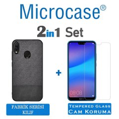 Microcase Huawei P20 Lite Fabrik Serisi Kumaş ve Deri Desen Kılıf - Siyah + Tempered Glass Cam Koruma