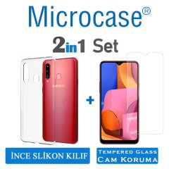 Microcase Samsung Galaxy A20s Ultra İnce 0.2 mm Soft Silikon Kılıf - Şeffaf + Tempered Glass Cam Koruma