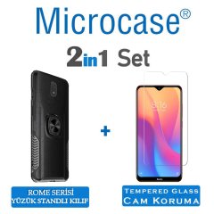Microcase Xiaomi Redmi 8A Rome Serisi Yüzük Standlı Armor Kılıf - Siyah + Tempered Glass Cam Koruma