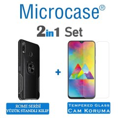 Microcase Samsung Galaxy M20 Rome Serisi Yüzük Standlı Armor Kılıf - Siyah + Tempered Glass Cam Koruma