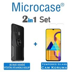 Microcase Samsung Galaxy M30s Rome Serisi Yüzük Standlı Armor Kılıf - Siyah + Tempered Glass Cam Koruma