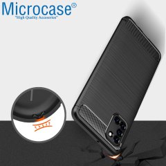 Microcase Samsung Galaxy A31 Brushed Carbon Fiber Silikon Kılıf - Siyah + Tempered Glass Cam Koruma