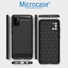 Microcase Samsung Galaxy A31 Brushed Carbon Fiber Silikon Kılıf - Siyah + Tempered Glass Cam Koruma