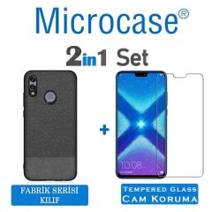 Microcase Huawei Honor 8X Fabrik Serisi Kumaş ve Deri Desen Kılıf - Siyah + Tempered Glass Cam Koruma