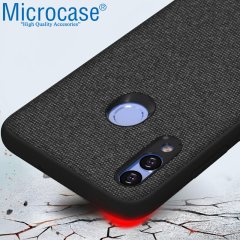 Microcase Huawei Honor 8X MAX Fabrik Serisi Kumaş ve Deri Desen Kılıf - Siyah + Tempered Glass Cam Koruma