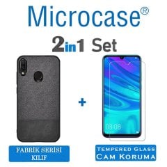 Microcase Huawei P Smart 2019 Fabrik Serisi Kumaş ve Deri Desen Kılıf - Siyah + Tempered Glass Cam Koruma