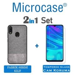 Microcase Huawei P Smart 2019 Fabrik Serisi Kumaş ve Deri Desen Kılıf - Gri + Tempered Glass Cam Koruma