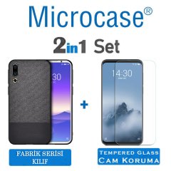 Microcase Meizu 16s Fabrik Serisi Kumaş ve Deri Desen Kılıf - Siyah + Tempered Glass Cam Koruma