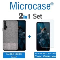 Microcase Huawei Honor 20 - Nova 5T Fabrik Serisi Kumaş ve Deri Desen Kılıf - Gri + Tempered Glass Cam Koruma
