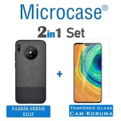 Microcase Huawei Mate 30 Fabrik Serisi Kumaş ve Deri Desen Kılıf - Siyah + Tempered Glass Cam Koruma