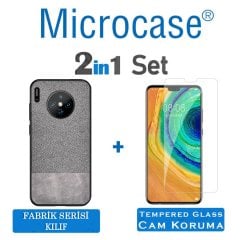 Microcase Huawei Mate 30 Fabrik Serisi Kumaş ve Deri Desen Kılıf - Gri + Tempered Glass Cam Koruma
