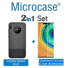 Microcase Huawei Mate 30 PRO Fabrik Serisi Kumaş ve Deri Desen Kılıf - Siyah + Tempered Glass Cam Koruma