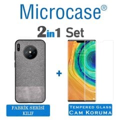 Microcase Huawei Mate 30 PRO Fabrik Serisi Kumaş ve Deri Desen Kılıf - Gri + Tempered Glass Cam Koruma