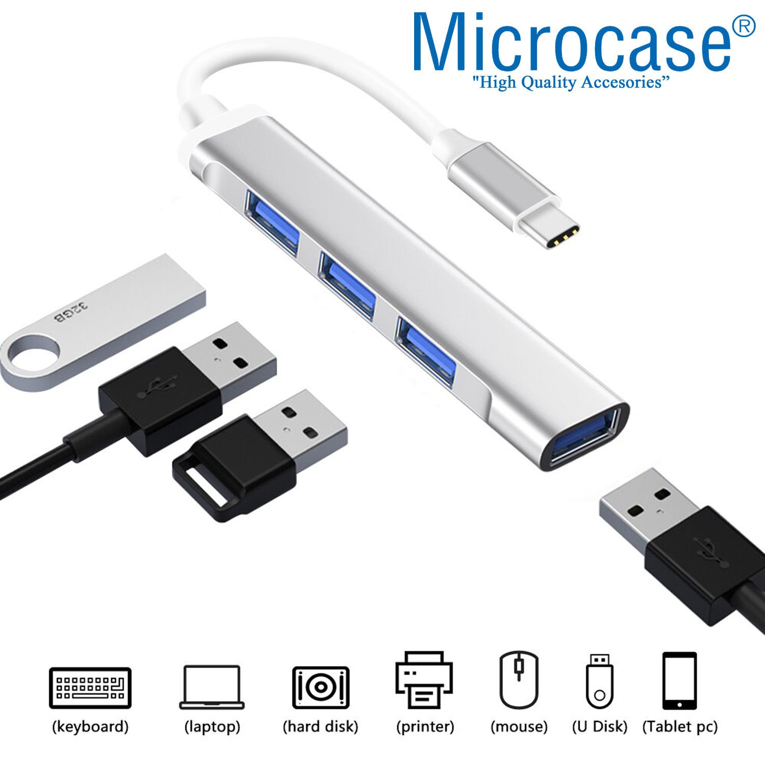Microcase Type-C To USB 3.0 4 Port Çoklayıcı Hub Aluminyum Slim Kasa - AL3049