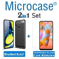 Microcase Samsung Galaxy A11 Brushed Carbon Fiber Silikon Kılıf - Siyah + Tempered Glass Cam Koruma