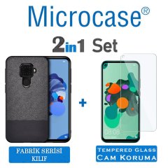 Microcase Huawei Mate 30 Lite Fabrik Serisi Kumaş ve Deri Desen Kılıf - Siyah + Tempered Glass Cam Koruma