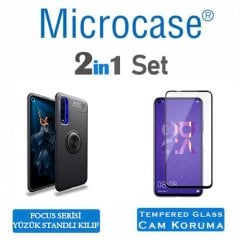 Microcase Huawei Nova 5T - Honor 20 Focus Serisi Yüzük Standlı Silikon Kılıf - Siyah + Tempered Glass Cam Koruma