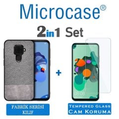 Microcase Huawei Mate 30 Lite Fabrik Serisi Kumaş ve Deri Desen Kılıf - Gri + Tempered Glass Cam Koruma