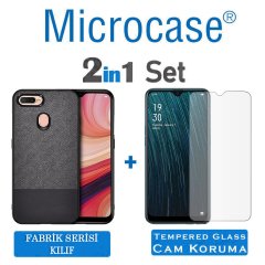 Microcase Oppo A5s Fabrik Serisi Kumaş ve Deri Desen Kılıf - Siyah + Tempered Glass Cam Koruma