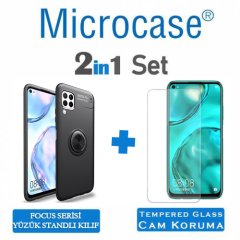 Microcase Huawei P40 Lite Focus Serisi Yüzük Standlı Silikon Kılıf - Siyah + Tempered Glass Cam Koruma