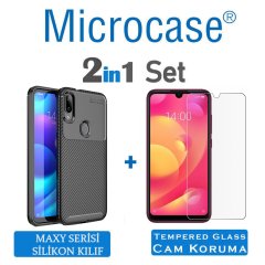 Microcase Xiaomi Mi Play Maxy Serisi Carbon Fiber Silikon Kılıf - Siyah + Tempered Glass Cam Koruma (SEÇENEKLİ)