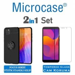 Microcase  Huawei Y5P Focus Serisi Yüzük Standlı Silikon Kılıf - Siyah + Tempered Glass Cam Koruma