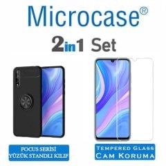 Microcase  Huawei P Smart S - Y8P Focus Serisi Yüzük Standlı Silikon Kılıf - Siyah + Tempered Glass Cam Koruma