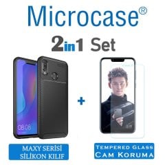 Microcase Huawei Honor Play Maxy Serisi Carbon Fiber Silikon Kılıf - Siyah + Tempered Glass Cam Koruma (SEÇENEKLİ)