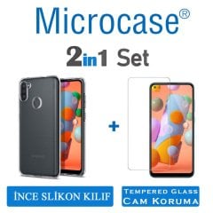 Microcase Samsung Galaxy A11 0.2 mm İnce Soft Silikon Kılıf - Şeffaf + Tempered Glass Cam Koruma