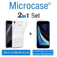 Microcase iPhone SE 2020 0.2 mm Ultra İnce Soft Silikon Kılıf - Şeffaf + Tempered Glass Cam Koruma