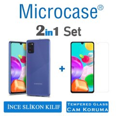 Microcase Samsung Galaxy A41 0.2 mm İnce Soft Silikon Kılıf - Şeffaf + Tempered Glass Cam Koruma