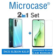 Microcase Oppo A91 0.2 mm İnce Soft Silikon Kılıf - Şeffaf + Tempered Glass Cam Koruma