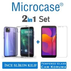 Microcase Huawei Y5P 0.2 mm İnce Soft Silikon Kılıf - Şeffaf + Tempered Glass Cam Koruma