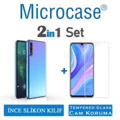 Microcase Huawei P Smart S - Y8P 0.2 mm İnce Soft Silikon Kılıf - Şeffaf + Tempered Glass Cam Koruma