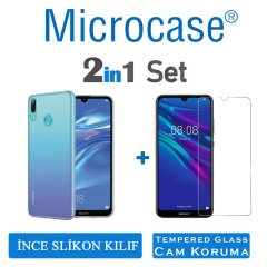 Microcase Huawei Y7 2019 0.2 mm İnce Soft Silikon Kılıf - Şeffaf + Tempered Glass Cam Koruma