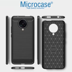 Microcase Samsung Galaxy A21s Brushed Carbon Fiber Silikon TPU Kılıf - Siyah + Tempered Glass Cam