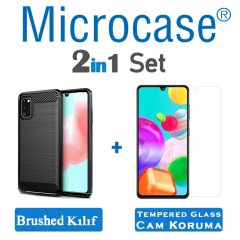 Microcase Samsung Galaxy A41 Brushed Carbon Fiber Silikon TPU Kılıf - Siyah + Tempered Glass Cam