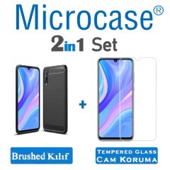 Microcase Huawei P Smart S - Y8p Brushed Carbon Fiber Silikon TPU Kılıf - Siyah + Tempered Glass Cam