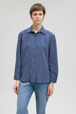 Mavi Uzun Kol Lacivert Çizgili Kadın Gömlek 1210683-80736
