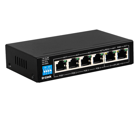 D-LINK DES-F1006P 6-port 10/100Base-T Unmanaged Long Range 250m PoE+ Surveillance Switch with 4 PoE ports, 60W PoE Power budget  (EU Plug)