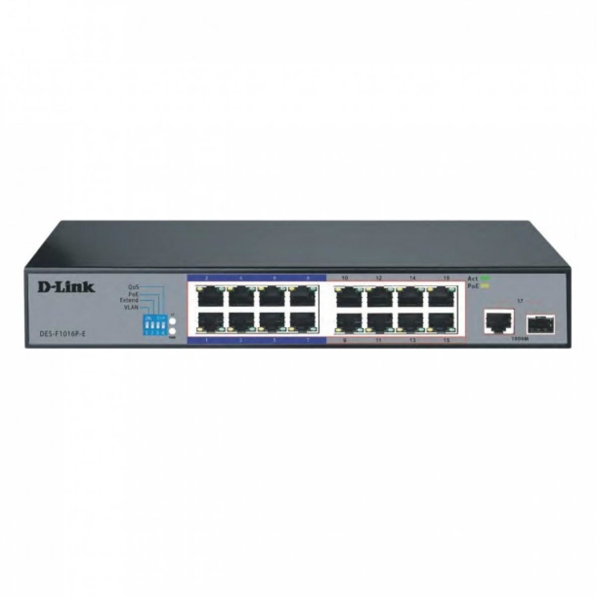 D-LINK DES-F1016P-E/E	16-port 10/100Base-T Unmanaged Long Range 250m PoE+ Surveillance Switch with 16 PoE ports, 1 Gigabit Copper port , 1 Gigabit combo RJ45/SFP port, 150W PoE Power budget  (EU Plug)